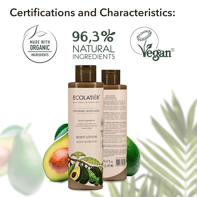 Body Lotion with Organic Avocado – Deep Nutrition, 96.3% Natural, Vegan Moisturizer with Avocado & Olive Oils, Hydrating Lotion for Dry Skin, 8.5 Fl Oz - ECOLATIER