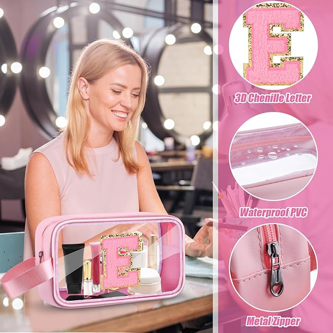 Initial Makeup Bag,Letter E Cute Clear Monogrammed Cosmetic Travel Bag for Womens Girls,Personalized Pink Aesthetic Traveling Make Up Organizer Bag for Beach,Waterproof Toiletry Bag