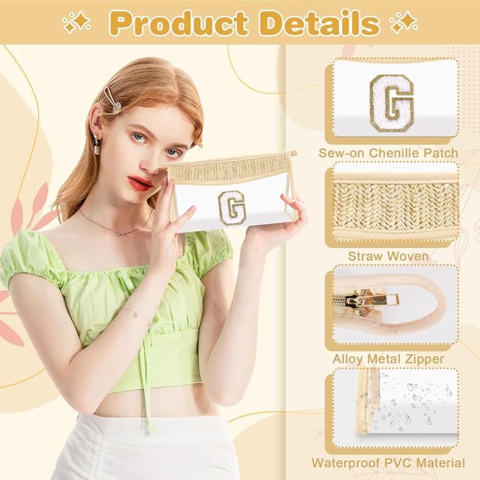 Personalized Initial Letter Bag Boho Straw Clear Makeup Bag,Small Cute Chenille Varsity Letter Bag With Zipper,Beach Travel Toiletry Bag,Portable Monogrammed Cosmetic Bag for Women Girls,G