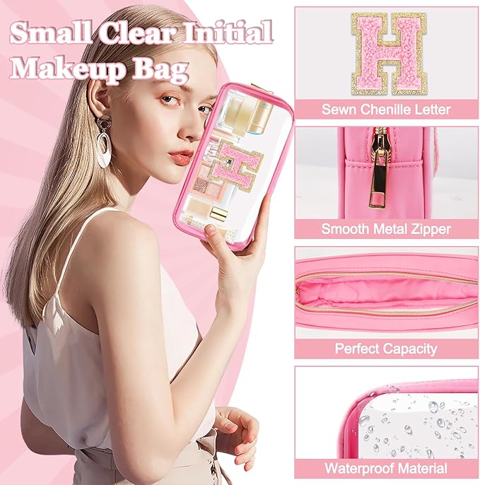 Small Clear Personalized Initial Makeup Bag,Nylon Preppy A-Z Chenille Letter Patch Cosmetic Pouch Beach Toiletry Bag,Waterproof Zipper Travel Purse Storage Bag Organizer for Women Girls(Pink-Pink H)