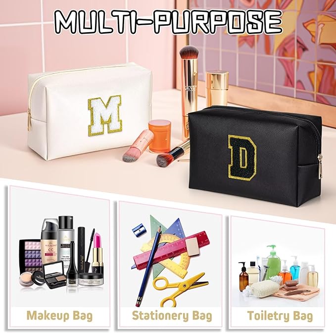 TOPEAST Preppy Small Makeup Bag, Chenille Letter Pouch Cosmetic Bag With Zipper, PU Leather Waterproof Toiletry Bag, Personalized Birthday Gift for Women, Cute Stuff for Girls (Black D)