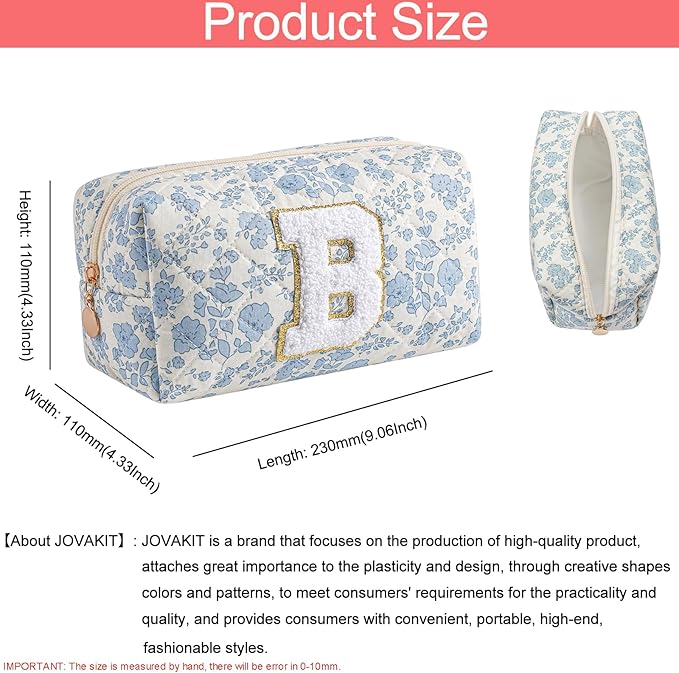 JOVAKIT Makeup Bag Cosmetic Bags for Women, Christmas Gifts for Girls Age 6-18, Alphabet Pink Floral Coquette Zipper Travel Makeup Pouch, Organizer Case Trendy Stuff (Pink+ Blue B)
