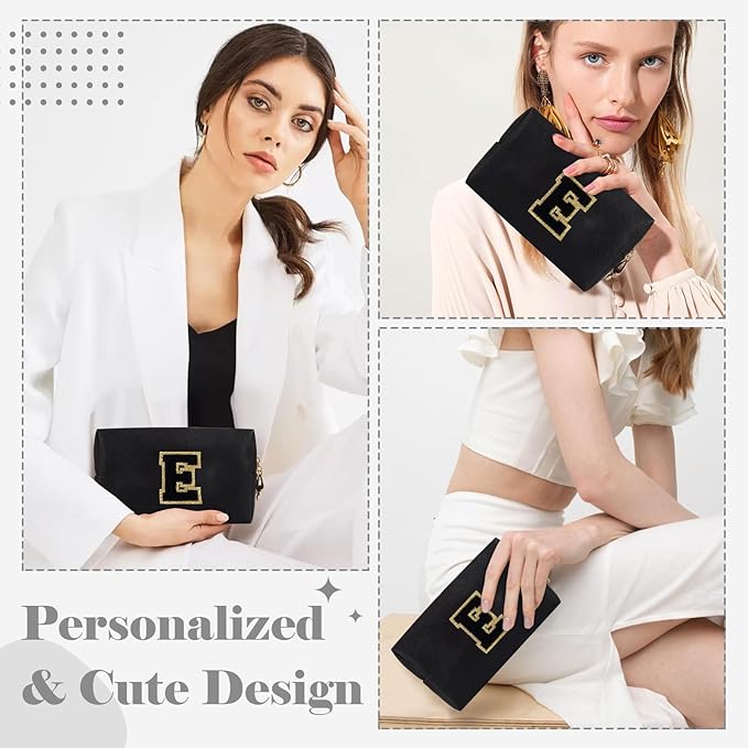 Personalized Initial A-Z Preppy Patch Makeup Bag,Small PU Chenille Letter Cosmetic Bag with Zipper for Teen Girls,Black Cute Toiletry Organizer Bag,Monogram Makeup Case Gift for Women Girls,Letter E