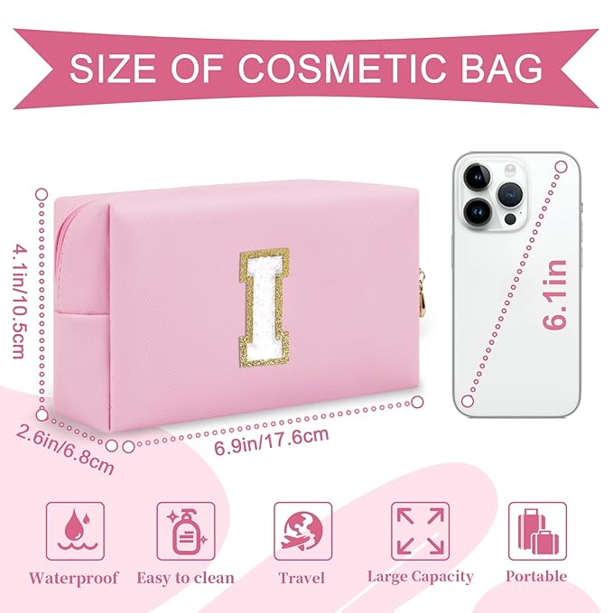 Personalized Initial A-Z Preppy Patch Makeup Bag,Small PU Chenille Letter Cosmetic Bag with Zipper for Teen Girls,Pink Cute Toiletry Organizer Bag,Monogram Makeup Case Gift for Women Girls,Letter I