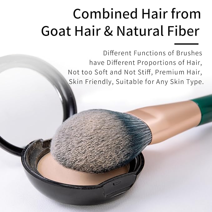 Natural Fiber & Goat Hair Makeup Brush Set Professional, Combined Hair Makeup Brushes Set with Case by Luxury ENZO KEN, Emerald Green Cosmetic Brushes Makeup Set, Natural Bristle Makeup Brushes.