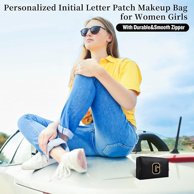 Iqimott Personalized Initial Letter Patch Makeup Bag Preppy Portable Chenille Letter Cosmetic Bag Zipper PU Leather Waterproof Travel Toiletry Bag Monogram Make Up Pouch Women Girls(Letter G)