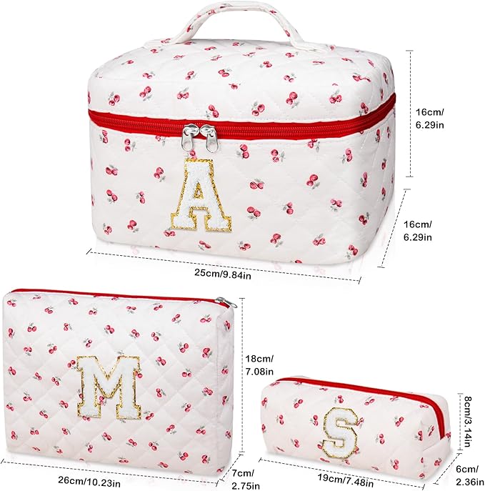 Initial Makeup Bag Set, Personalized Quilted Makeup Bag, Large Floral Cosmetic Bag for Women, Cute Cotton Custom Make up Bags, Flower Travel Toiletry Bag Teen Girl Gift Trendy Stuff Gift Red Cherry A