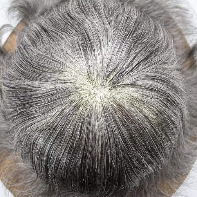 FACE MIRACLE Toupee for Men French Lace Mens Toupee Human Hair Replacement System Thin Skin Around Man Hairpieces V-Looped PU Front Hair Prosthesis 6"X9" #1B60 Off Black with 60% Gray
