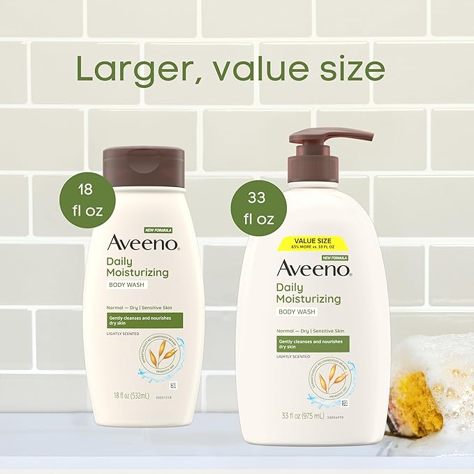 Aveeno Daily Moisturizing Body Wash for Women and Men for Dry & Sensitive Skin, Paraben, Soap & Dye-Free, Gentle Shower Cleanser, Dermatologist Recommended Brand, Lightly Scented, 33 Fl Oz