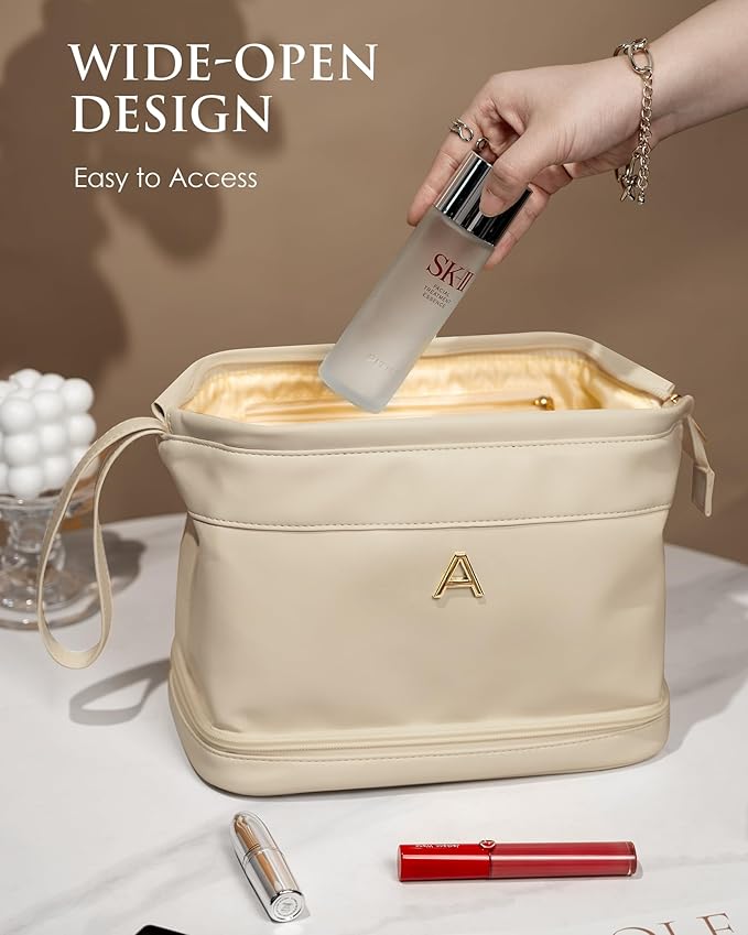 Bridesmaid Gifts for Women, Initial Makeup Bag, Personalized Double Layer Cosmetic Bag with Makeup Brush Organizer, Large Capacity PU Leather Travel Toiletry Bag, Personalized Teacher Gifts