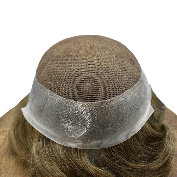 FACE MIRACLE Hair System for Men French Lace Mens Toupee Human Hair Replacement System Lace with PU Toupee for Men Male Hair Piece Wigs 8"X10" #720 7# VERY LIGHT BROWN WITH 20% SYNTHETIC GREY