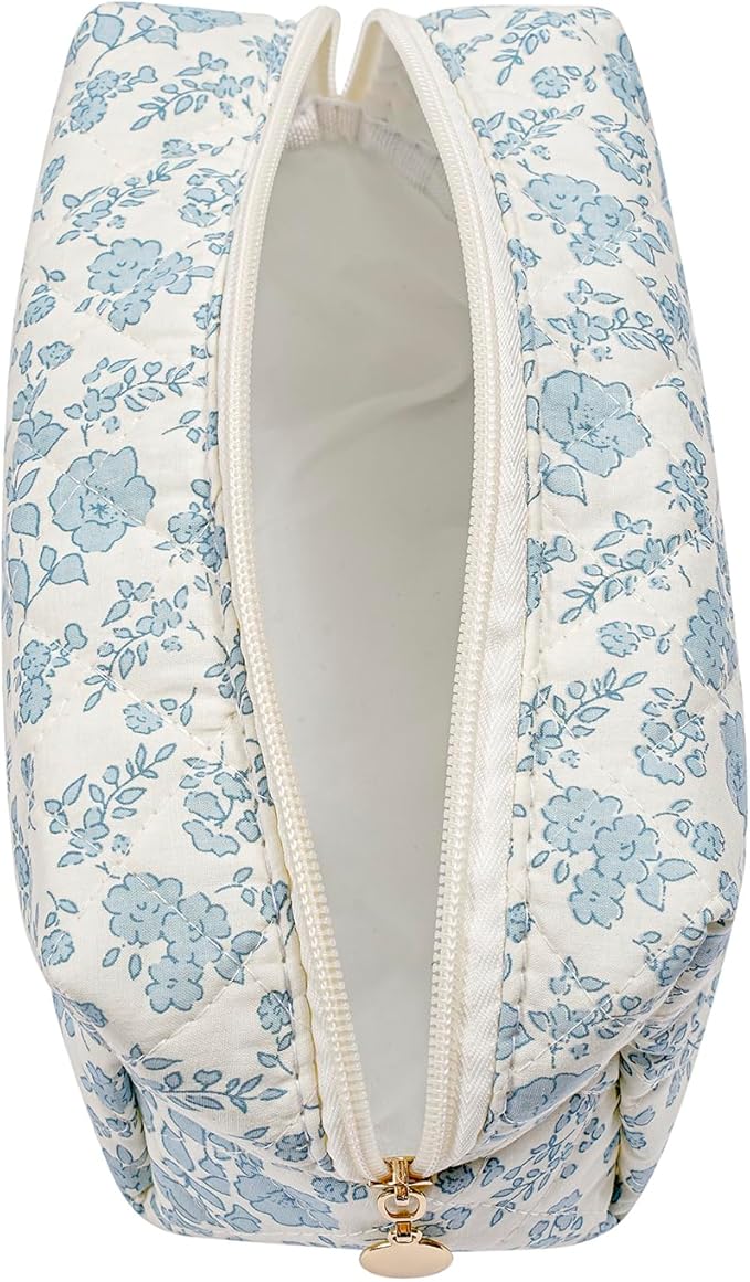 JOVAKIT Square Makeup Bag Cute Cosmetic Bag for Women, Floral Coquette Aesthetic Toiletry Bag, Zipper Make Up Pouch, Travel Make Up Organizer Bag (Blue+Bright Red Floral)