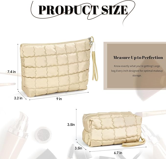 Richeart Makeup Bag Travel Toiletry Bag - Checkered Down Cotton Makeup Pouch for Women with Cosmetic and Pencil, Aesthetic Khaki Design, Small