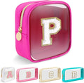 Mini Clear Personalized Initial Makeup Bag,Small Nylon Waterproof Zip Beach Cosmetic Pouch,Preppy A-Z Chenille Letter Patch Cute Coin Purse Travel Toiletry Bag Car Pack Bag for Women(Hot Pink-White P)