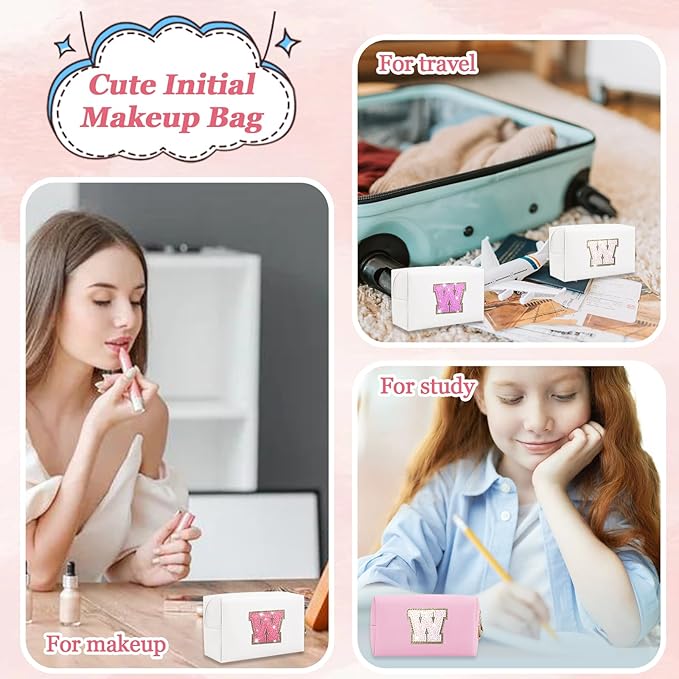 Personalized Initial Letter Patch Makeup Bag, Preppy Glitter Letter Makeup Organizer, Cute Monogrammed Pouch Cosmetic Bag PU Leather Waterproof Travel Toiletry Bag, Gift for Women Teen Girls