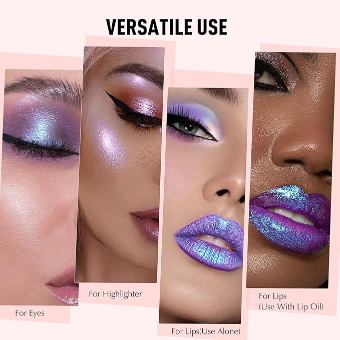 Purple Metallic Lipstick, Holographic Glitter Lip Stick for Women Makeup Long Lasting Lightweight Non-Sticky Hydrating Lip Tinted Full Coverage High-Shine Sparkling Shimmer Chameleon Lipstick