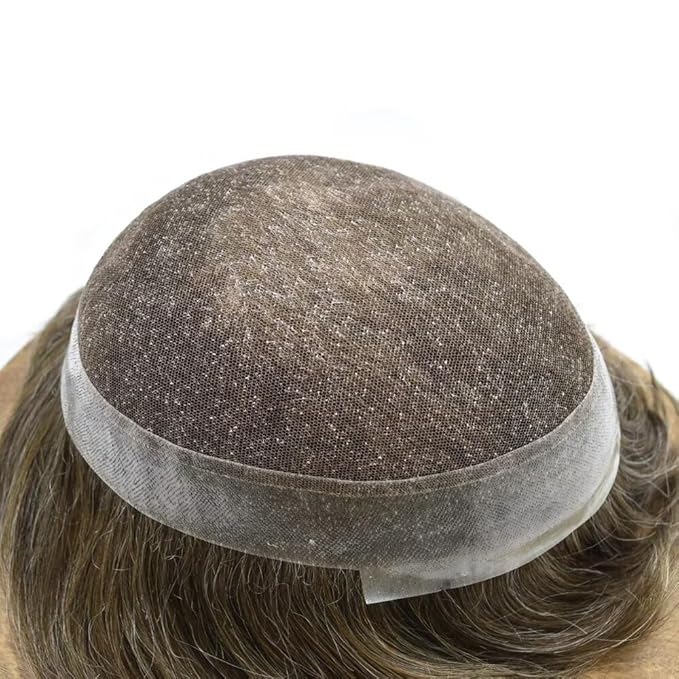 FACE MIRACLE French Lace Mens Toupee Human Hair System Lace Center Toupee for Men Thin Skin PU Around Hair Replacement System V-Looped Mens Hair Wig 6"X9" #520 5# MEDIUM LIGHT BROWN WITH 20% GREY