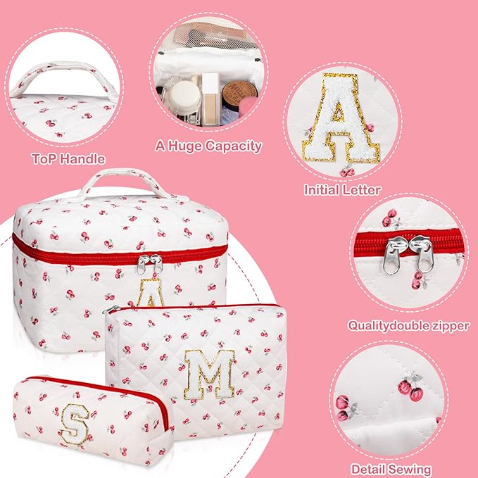 Initial Makeup Bag Set, Personalized Quilted Makeup Bag, Large Floral Cosmetic Bag for Women, Cute Cotton Custom Make up Bags, Flower Travel Toiletry Bag Teen Girl Gift Trendy Stuff Gift Red Cherry S