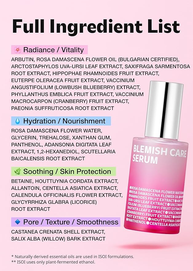 ISOI Blemish Care Up Serum for Face, Vegan Hydrating Serum for Smooth & Glass Skin Effect, Skin Barrier & Moisture Balance for Women, Arbutin, Korean Skin Care (0.85 fl. oz, 25ml)