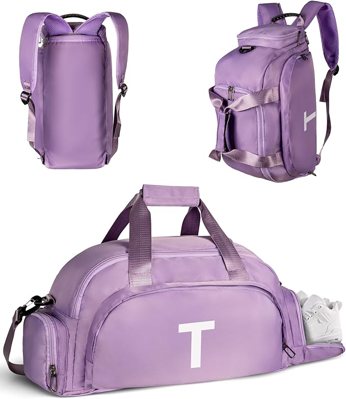 Sweet 16 Gifts for Girls, Initial Gym Bags with Shoe Compartment, Dance Bag for Girls, Monogram Kid Overnight Bags, Stylish Birthday Gift for Daughter Niece Granddaughter (Letter T)