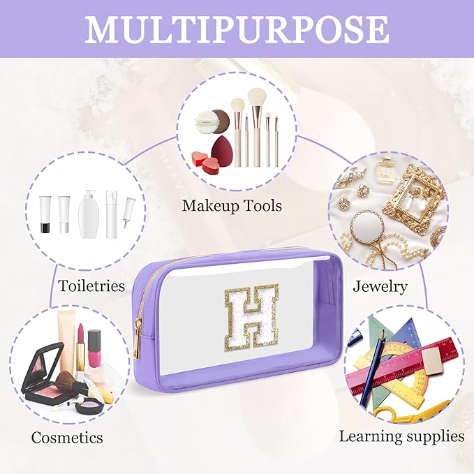 Small Clear Personalized Initial Makeup Bag,Nylon Preppy A-Z Chenille Letter Patch Cosmetic Pouch Beach Toiletry Bag,Waterproof Zip Travel Purse Storage Bag Organizer for Women Girls(Purple-White H)