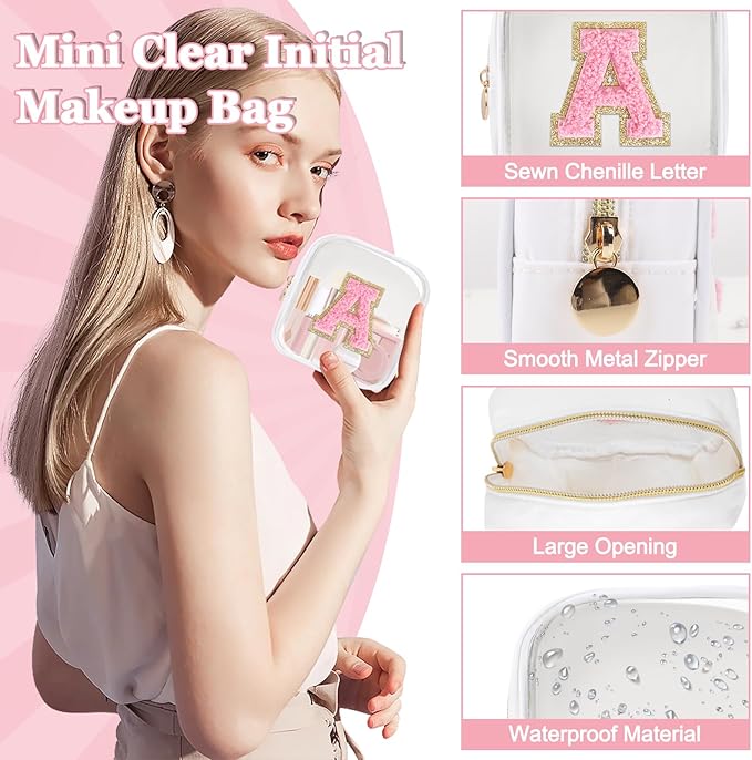 Mini Clear Personalized Initial Makeup Bag,Nylon Preppy A-Z Chenille Letter Patch Zipper Cosmetic Bag, Small Cute Beach Pouch Travel Purse Sanitary Napkin Storage Bag for Women Girls(White-Pink A)
