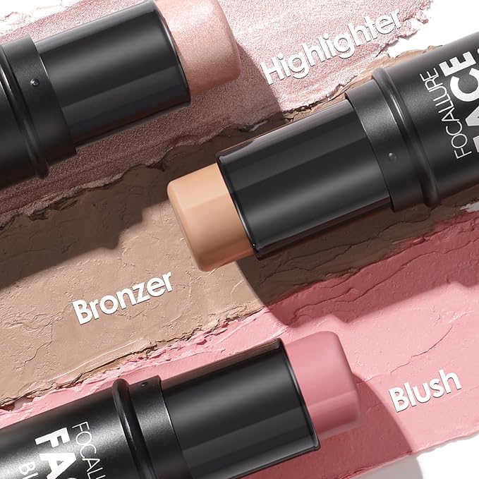 FOCALLURE 3PCS Cream Contour Stick - Highlighter Bronzer Blush Set for Face Sculpting, Non-Greasy Longwear Makeup, Easy to Blend with Natural Matte Finish,SET 1