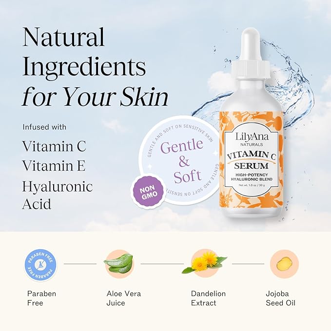 LilyAna Naturals Vitamin C Serum for Face - with Hyaluronic Acid and Vitamin E, Anti Aging Serum, Reduces Age Spots and Sun Damage, Promotes Collagen and Elastin (Double Pack)