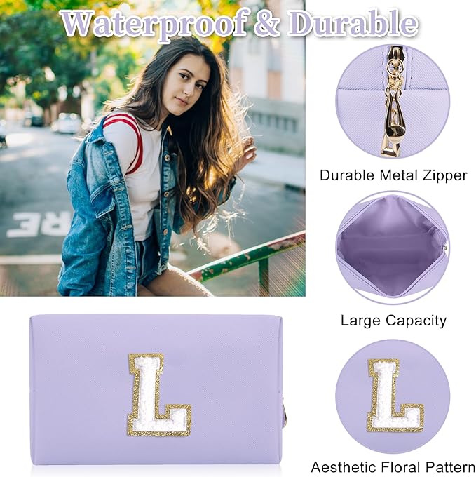 Personalized Initial Letter Patch Makeup Bag, Preppy Small Chenille Letter Cosmetic Bag with Zipper, PU Leather Waterproof Travel Toiletry Bag Monogram Make Up Pouch for Women Girls(Letter L)