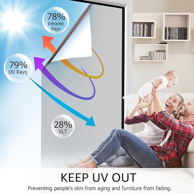 HIDBEA One Way Privacy Window Film, Daytime Privacy Sun Blocking Anti UV Reflective Window Film Heat Control Static Cling Window Tint Film for Home and Office, Silver, 29.5 x 157.5 Inch