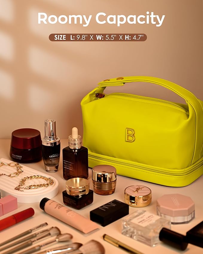 Trendy Gifts for Women, Personalized Makeup Bag with Handle, Initial Double Layer Cosmetic Bag with Makeup Brush Organizer, Cute Cosmetic Pouch for Women, Gifts for Friends Female Mom