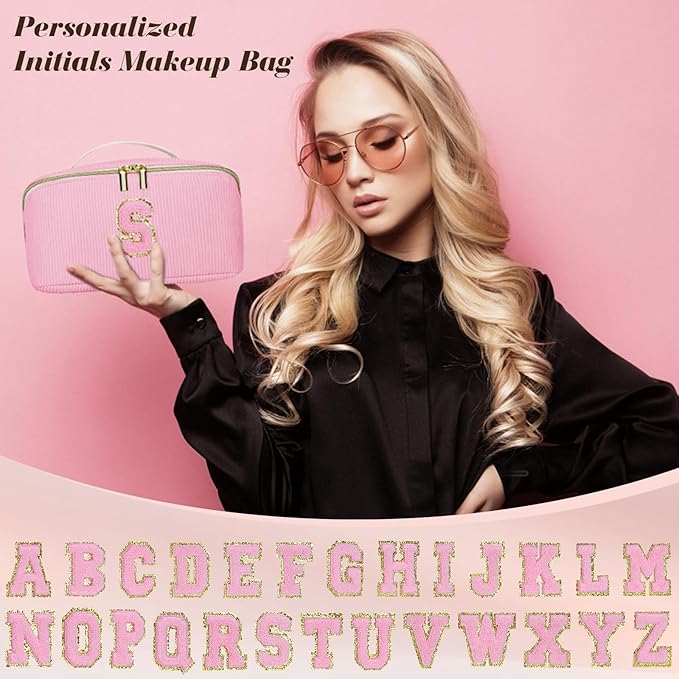 Personalized Initial Makeup Bag,Christmas Gifts for Girl,Preppy Bag Cosmetic Travel Bag Women,Travel Toiletry Organizer,Large Capacity Corduroy Stuff Bag,Cute Cosmetic Pouch Skincare Bag-Q