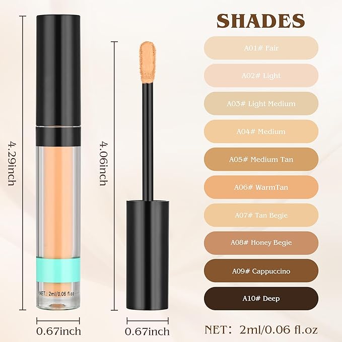 Full Coverage Liquid Concealer, Foundation Makeup for Older Women, Covers Blemishes & Under-Eye Circles, Spots, Matte Finish, Hydrating Primer for Correct, 0.06 fl oz, Vegan & Cruelty-Free (A01#Fair)