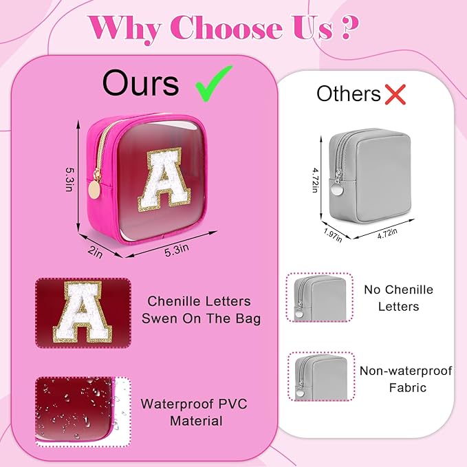 Personalized Initial Letter Clear Preppy Makeup Bag,Mini Nylon Chenille Letter Cosmetic Bag Cute Zipper Pouch Coin Purse for Teen Girls,Portable TSA Approved Travel Essentials Bag Gift for Women,T