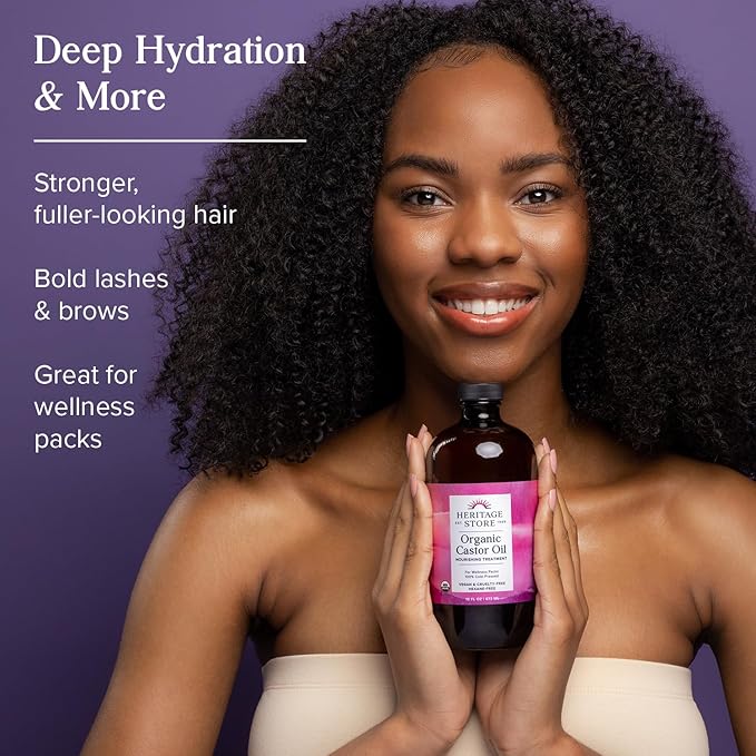 HERITAGE STORE Organic Castor Oil - Glass Bottle - Nourishing Treatment for Hair and Skin - Hair Oil, Eyelash Serum for Eyelashes, Brows, Castor Packs - Cold Pressed, Hexane Free, Vegan 32oz