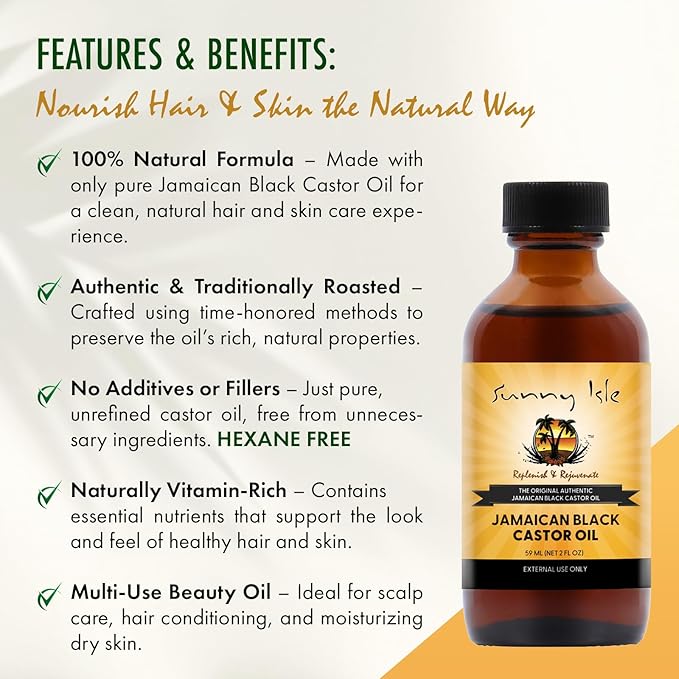 Sunny Isle Jamaican Black Castor Oil 2oz | 100% Natural for Hair, Scalp and Skin Care