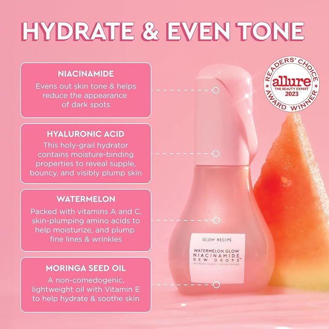 Glow Recipe Watermelon Glow Icons Skin Care Gift Set - Niacinamide Dew Drops Face Serum (40ml) + PHA + BHA Pore Minimizing Toner with Hyaluronic Acid (150ml) + Pink Juice Facial Moisturizer (25ml)