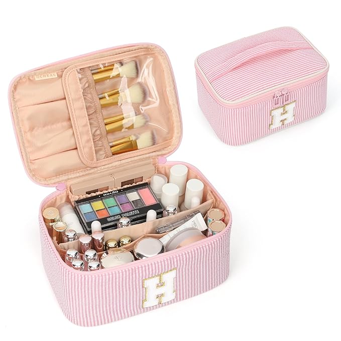 OCHEAL Makeup Bag for Women, Monogram Cosmetic Bag with Brush Holder, Pink Travel Makeup Case Beauty Toiletry Bag Organizer Personalized Gifts for Girls Bridesmaid, Sister, Wife, Friends Initial H