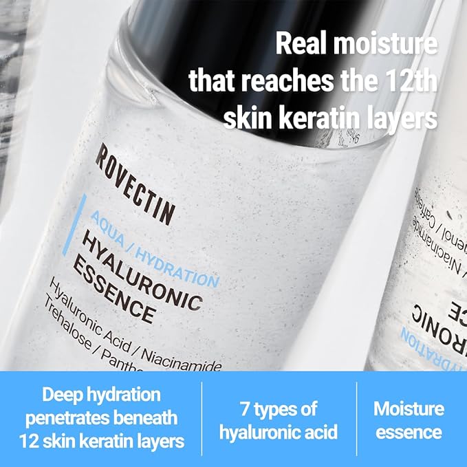 ROVECTIN Aqua Hyaluronic Essence (Activating Treatment Lotion) - 7 Layers Hyaluronic Acid Facial Toner with Niacinamide & Panthenol, Vegan Korean Skin Care (3.38 fl.oz, 100ml)