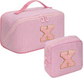 Travel Makeup Bag for Women, 2Pcs Portable Personalized Initial Makeup Organizer Bag, Open Flat Large Cosmetic Bag With Travel Essential Pouch (Pink Letter X)