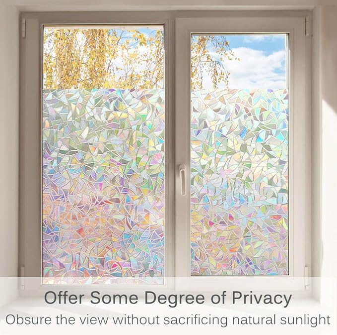 Volcanics Window Privacy Film Static Window Clings Vinyl 3D Decals Stickers Rainbow Window Film for Glass Door Home Heat Control Anti UV 23.6 x 78.7 Inches