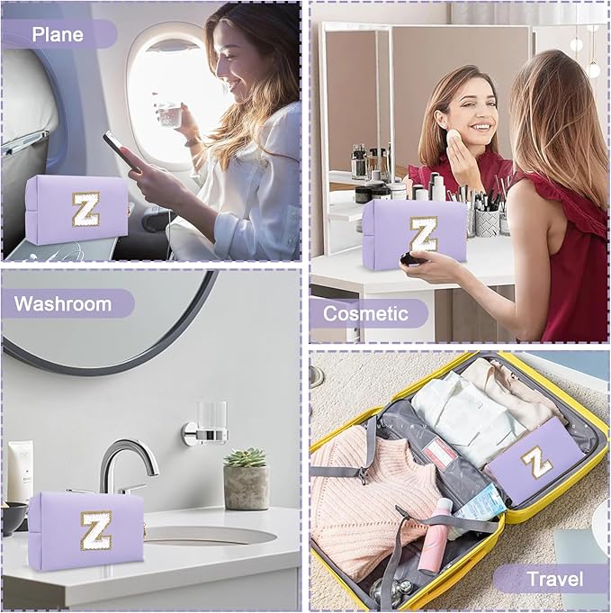 Small Initial Preppy Makeup Bag, Personalized Cute Purple Cosmetic Organizer Chenille Letter Travel Toiletry Zipper Pouch for Purse, Waterproof PU Makeup Case Birthday Gifts for Women Friend(Letter Z)