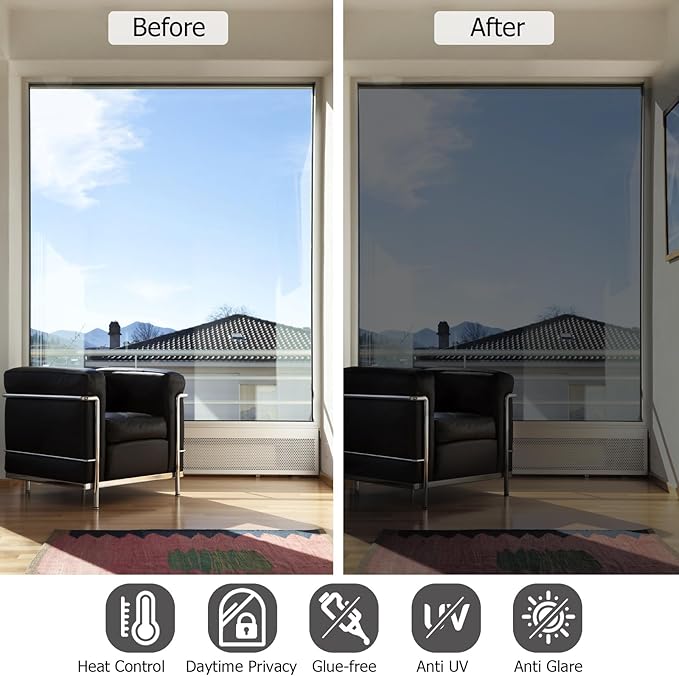 HIDBEA One Way Window Film, Daytime Privacy Sun Blocking Reflective Window Film No Glue Static Cling Heat Control Window Tinting Film for Home and Office, Black Silver, 45.3 x 78.7 Inch