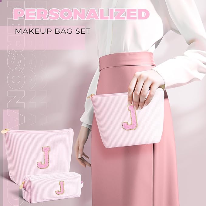 Monogrammed Gifts for Women - Cosmetic Bag for Teen,Initial Cute Makeup Bag Set for Women,Trendy Pouch for Niece Sister Friend Female Her,Birthday Gifts for Daughter - Pink,J