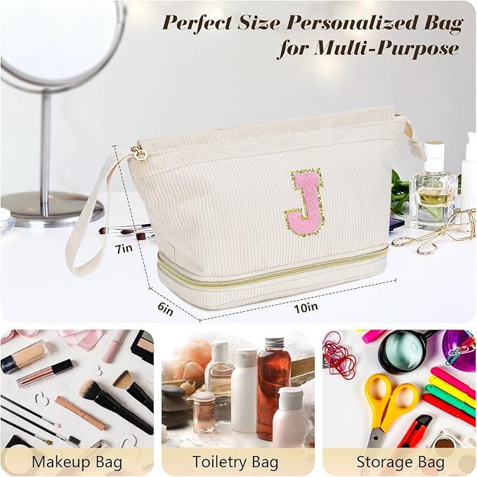 Makeup Bag for Girls Gift, Personalized Christmas Gifts Initial Women Makeup Bag for Travel, Double Layer Cosmetic Bag with Brush Organizer Preppy Make up Bag for Teen Girl Trendy - A