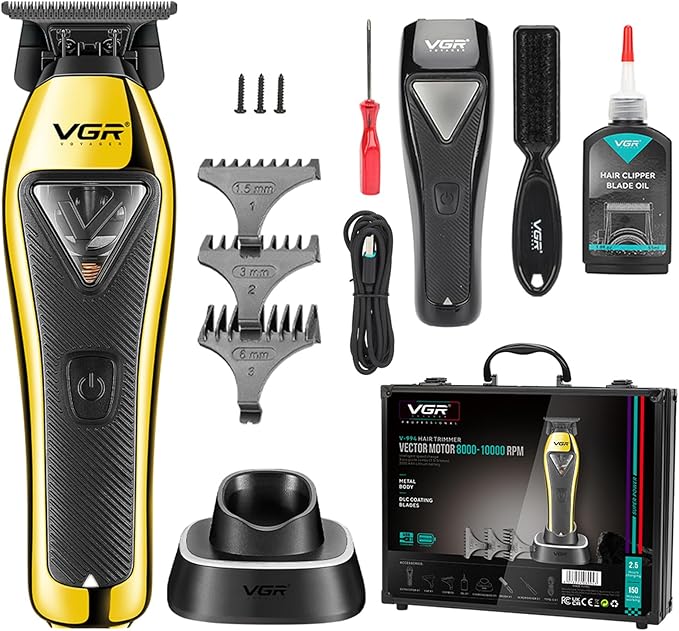 VGR 994 Vector Motor Hair Trimmer for Men, 10000 RPM Professional Hair Clippers Beard Trimmer, DLC T Blade Trimmers for Barbers, Cordless Zero Gapped Line Up Clippers with Metal Body, Travel Case