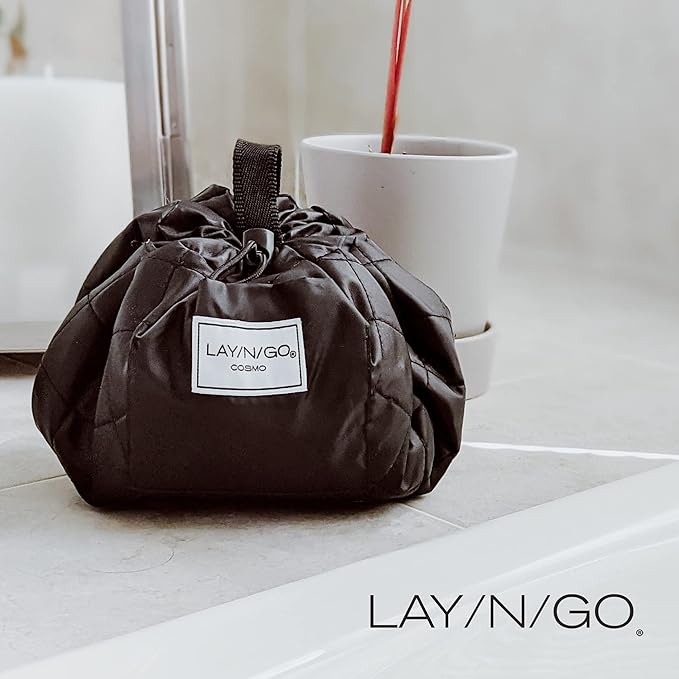 Lay-n-Go Cosmo Drawstring Cosmetic & Makeup Bag Organizer - Portable Drawstring Makeup Bag w/Zipper Pocket, Makeup Loops & More - Durable, Machine Washable Toiletry Bag (20", Comfort/Blue)