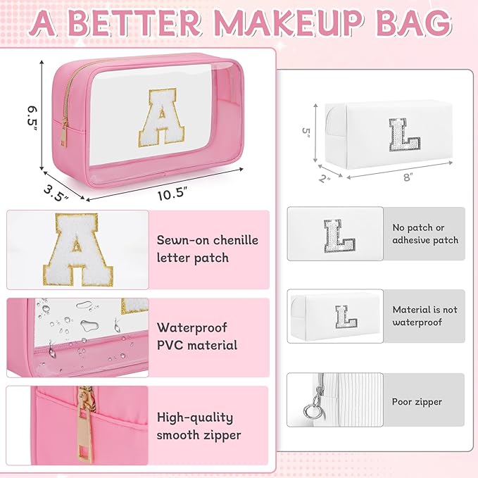 Personalized Initial Clear Makeup Bag, Travel Chenille Patch Cosmetic Bag, Preppy Toiletry Bag Monogram Cosmetic Pouch with Zipper, Ideal Gift for Teen Girls Women (Clear-Pink, A)