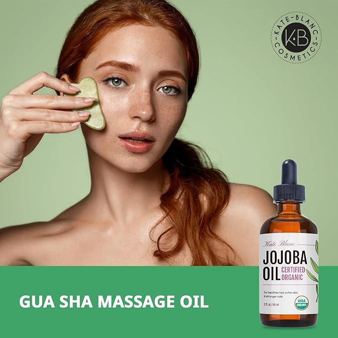 Kate Blanc Cosmetics Organic Jojoba Oil for Hair, Skin & Face (2oz, 100% Pure Cold Pressed, Natural). Gua Sha Oil for Face & Dermaplaning