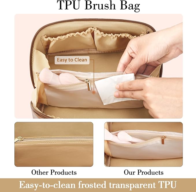 Birthday Gifts for Women Teen Girl, Personalized Initial Makeup Organizer Bag Set, Open Flat Travel Cosmetic Bag With Clear Divider and Handle(Beige,R)